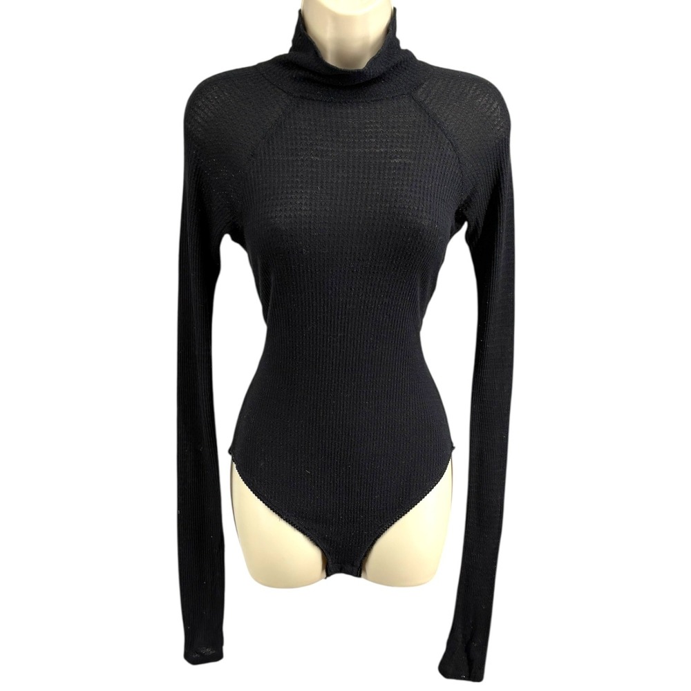 Intimately‎ Free People Black Waffle Knit Mock Neck Bodysuit Snap Crotch Size S